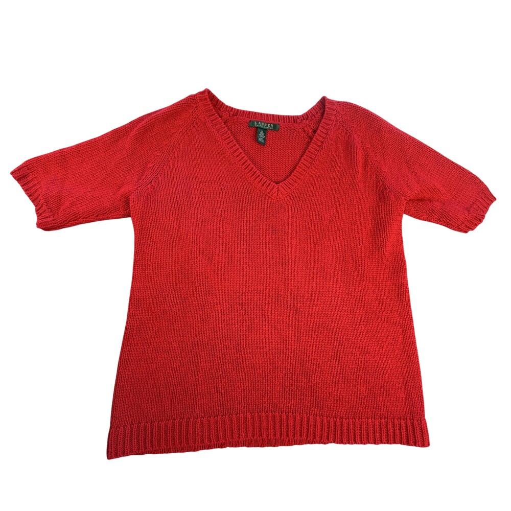 Lauren Ralph Lauren Sweater Womens XL Red V Neck Short Sleeve Knit Top
